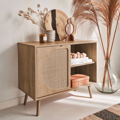 Buffet De Rangement Décor Bois Cannage Arrondis. Eva. 1 Portes Réversible. Deux Niveaux. Buffet