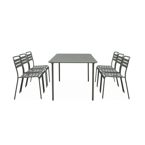 Table De Jardin Métal + 6 Assises Kaki Amélia Traitement Antirouille. Lattes Et Bords Arrondis