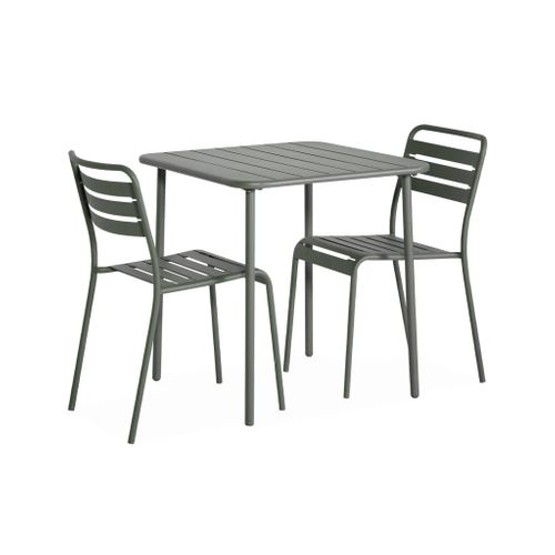 Table De Jardin Métal + 2 Assises Kaki Amélia. Lattes Et Bords Arrondis. Traitement Antirouille