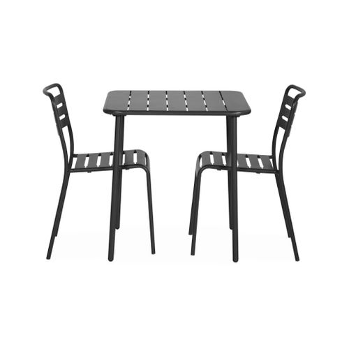 Table De Jardin Métal + 2 Assises Anthracite Amélia. Lattes Et Bords Arrondis. Traitement