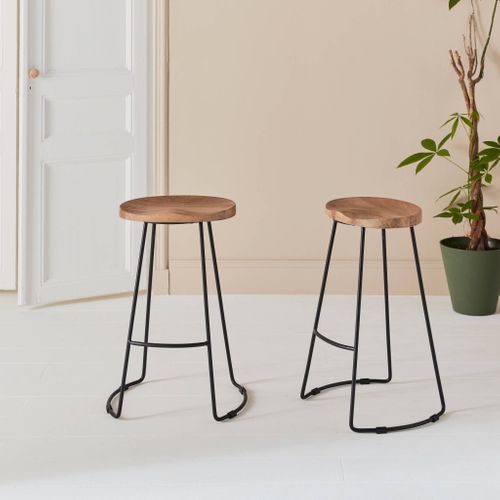 Lot De 2 Tabourets De Bars Bois De Manguier Naturel Et Acier. Avec Repose Pieds. 65cm