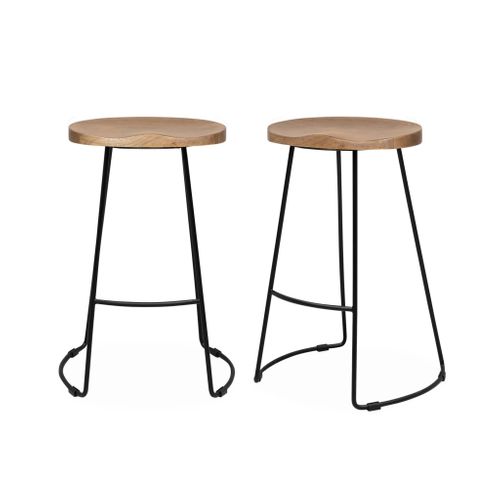 Lot De 2 Tabourets De Bars Bois De Manguier Naturel Et Acier. Avec Repose Pieds. 65cm