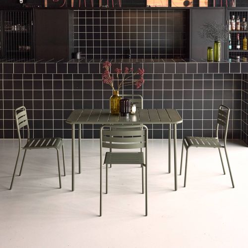 Table De Jardin Métal + 4 Assises Kaki En Acier. Amelia. 120x70xh72.5cm (12.2kg)