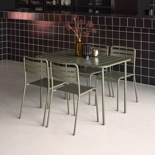 Table De Jardin Métal + 4 Assises Kaki En Acier. Amelia. 120x70xh72.5cm (12.2kg)