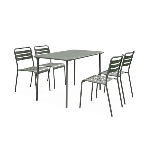 Table De Jardin Métal + 4 Assises Kaki En Acier. Amelia. 120x70xh72.5cm (12.2kg)
