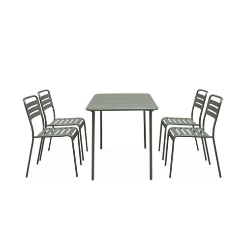 Table De Jardin Métal + 4 Assises Kaki En Acier. Amelia. 120x70xh72.5cm (12.2kg)