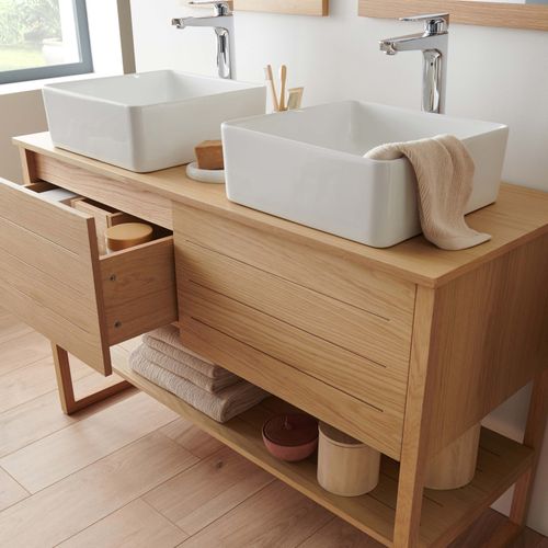 Meuble Sous Vasque Plaqué Chêne Naturel Atoll 120cm+vasque+miroir Carré+colonne