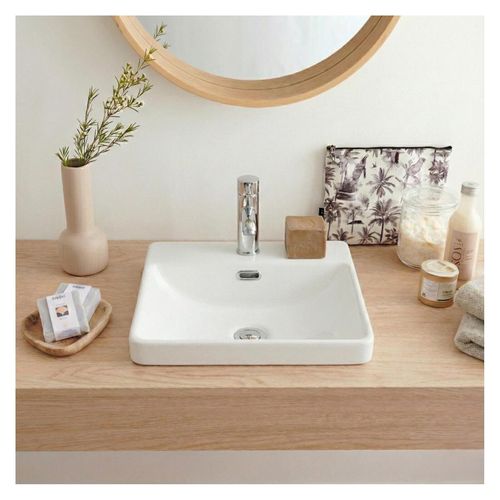 Vasque Semi Encastrée Carrée En Céramique Blanche 37cm
