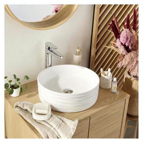 Vasque à Poser Ronde Serena En Céramique Structuré Blanche 36cm