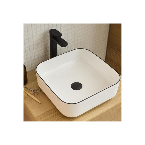 Vasque à Poser Carrée En Céramique Blanche Avec Liseret Noir 37cm