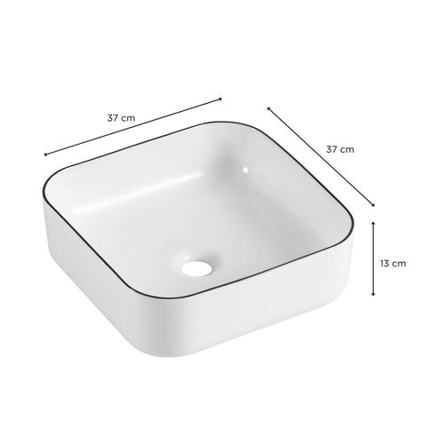 Vasque à Poser Carrée En Céramique Blanche Avec Liseret Noir 37cm
