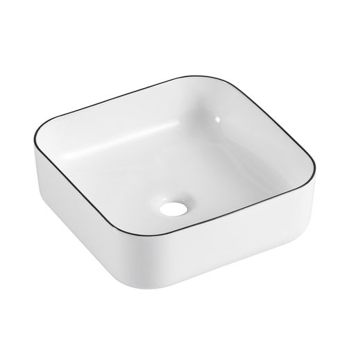 Vasque à Poser Carrée En Céramique Blanche Avec Liseret Noir 37cm
