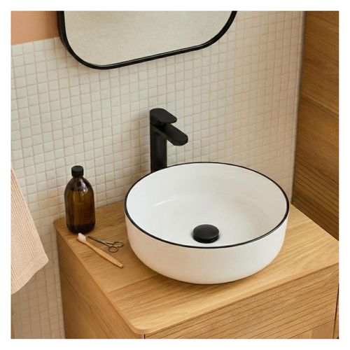 Vasque à Poser Ronde Alix En Céramique Blanche Et Liseré Noir 37cm