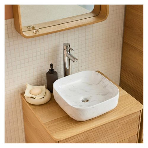 Vasque à Poser Diane Carrée En Céramique Effet Marbre Blanc 37cm