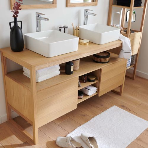 Meuble Sous Vasque Plaqué Chêne Naturel Atoll 140cm + Vasque + Miroir Carré