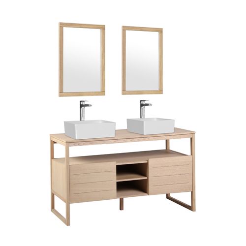 Meuble Sous Vasque Plaqué Chêne Naturel Atoll 140cm + Vasque + Miroir Carré