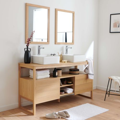 Meuble Sous Vasque Plaqué Chêne Naturel Atoll 140cm + Vasque + Miroir Carré