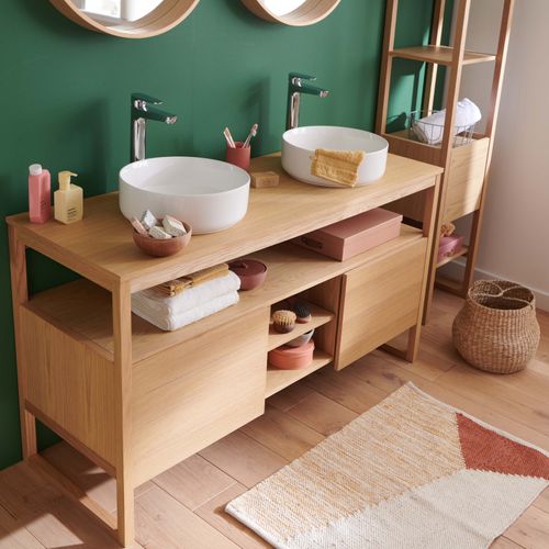 Meuble Sous Vasque Plaqué Chêne Naturel Atoll 140cm +vasque Blanche+miroir