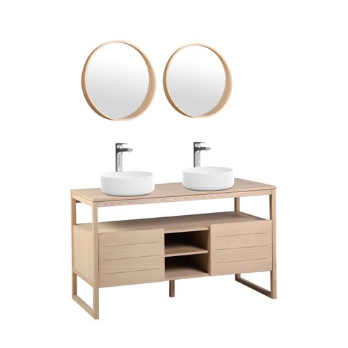 Meuble Sous Vasque Plaqué Chêne Naturel Atoll 140cm +vasque Blanche+miroir