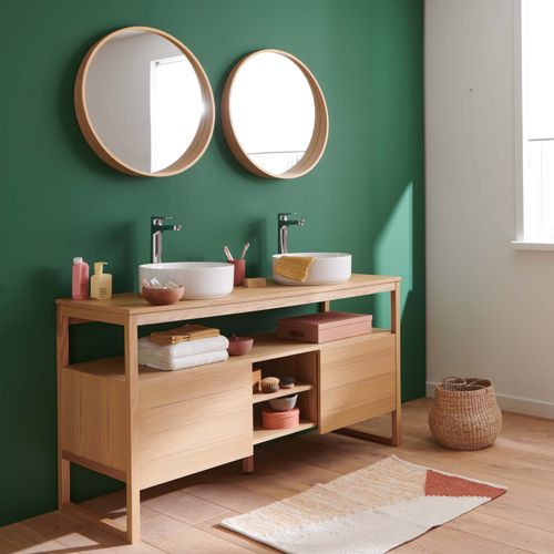 Meuble Sous Vasque Plaqué Chêne Naturel Atoll 140cm +vasque Blanche+miroir