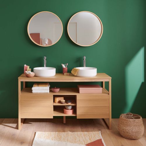 Meuble Sous Vasque Plaqué Chêne Naturel Atoll 140cm +vasque Blanche+miroir