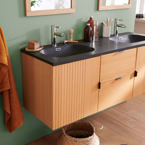 Meuble Double Vasque 140cm Chêne Studio Suspendu + Miroir Carré + Colonne