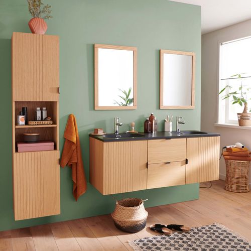 Meuble Double Vasque 140cm Chêne Studio Suspendu + Miroir Carré + Colonne