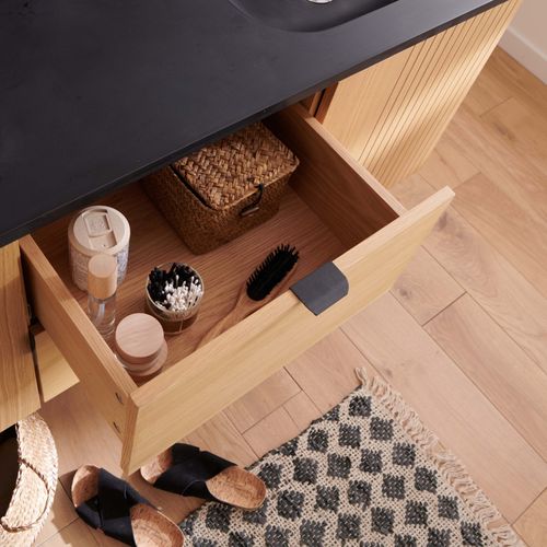 Meuble Double Vasque 140cm Chêne Studio Suspendu + Miroir Carré + Colonne