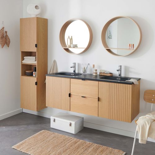 Meuble Double Vasque 140cm Chêne Studio Suspendu + Miroir Rond + Colonne