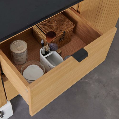 Meuble Double Vasque 140cm Chêne Studio Suspendu + Miroir Rond + Colonne