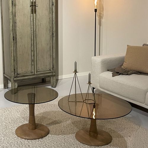 Rodo-table Basse Ronde D60 Cm En Verre Fumé Et Bois