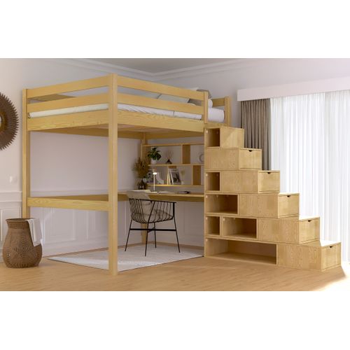 Lit Mezzanine Bois 140x200 Sylvia Avec Escalier Cube