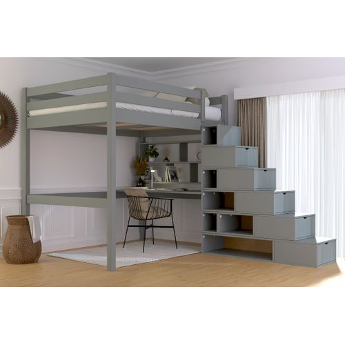 Lit Mezzanine Bois 140x200 Sylvia Avec Escalier Cube