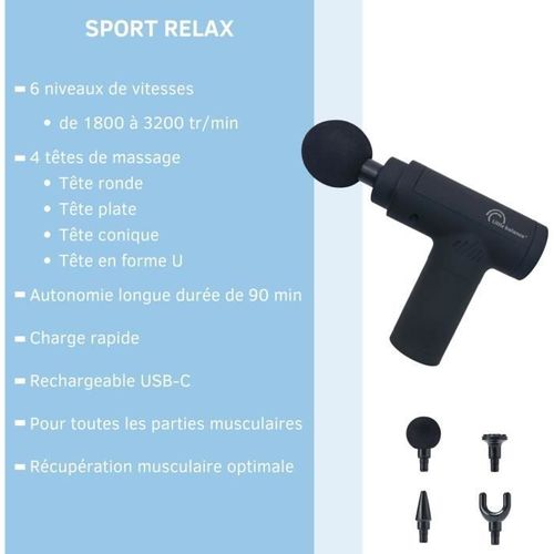 Pistolet Massant - Sport Relax - 6 Vitesses - 4 Têtes - Noir