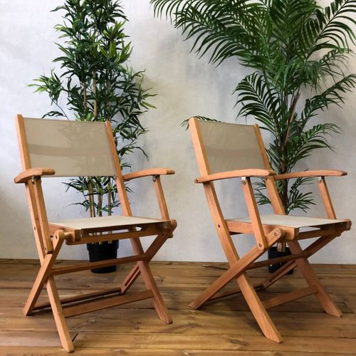 Fauteuils De Jardin En Bois Et Textilène - Almeria Gris Taupe - 2 Fauteuils Pliants En Bois