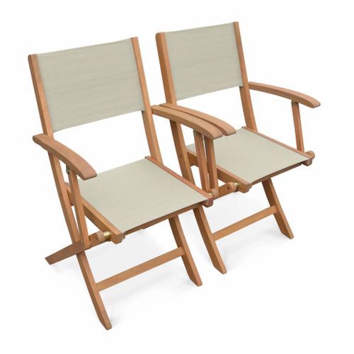 Fauteuils De Jardin En Bois Et Textilène - Almeria Gris Taupe - 2 Fauteuils Pliants En Bois