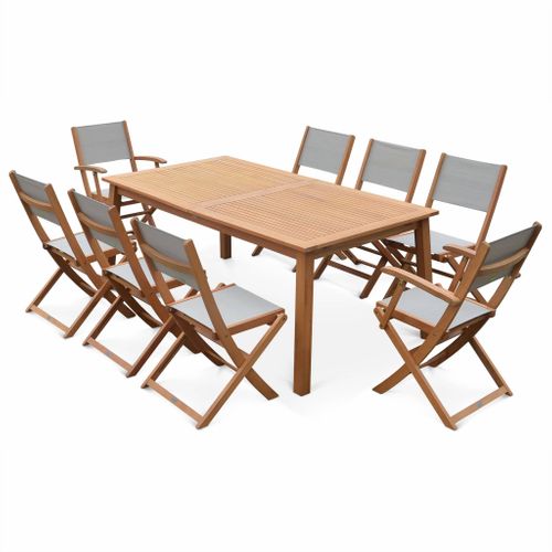 Table De Jardin Extensible Bois D'eucalyptus + 8 Assises En Bois D'eucalyptus Huilé Et Textilène