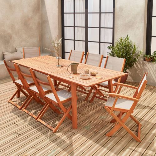 Table De Jardin Extensible Bois D'eucalyptus + 8 Assises En Bois D'eucalyptus Huilé Et Textilène