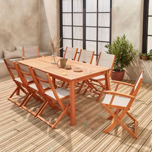 Table De Jardin Extensible Bois D'eucalyptus + 8 Assises En Bois D'eucalyptus Huilé Et Textilène