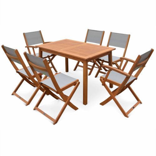 Table De Jardin Extensible Bois D'eucalyptus + 6 Assises - Almeria - Table 120/180cm Avec Rallonge.