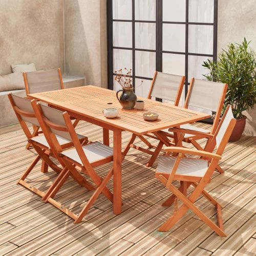 Table De Jardin Extensible Bois D'eucalyptus + 6 Assises - Almeria - Table 120/180cm Avec Rallonge.
