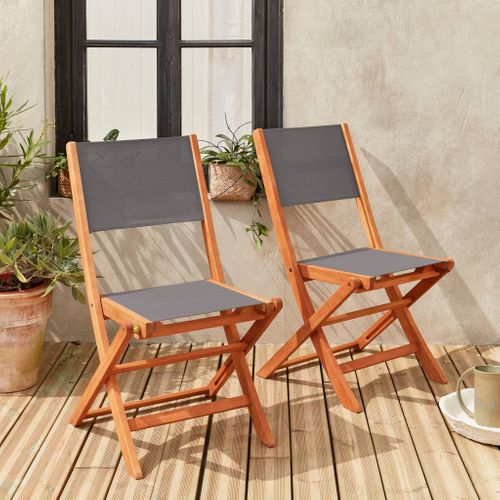 Chaises De Jardin En Bois Et Textilène - Almeria Gris Anthracite - 2 Chaises Pliantes En Bois