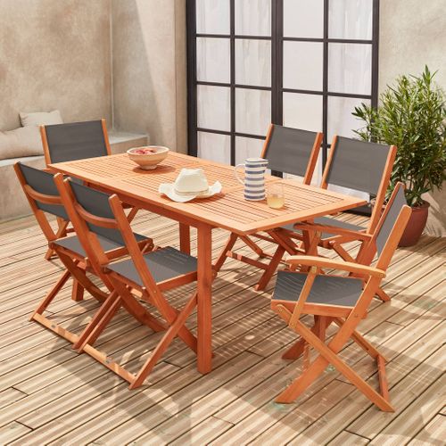 Table De Jardin Extensible Bois D'eucalyptus + 6 Assises - Almeria - Table 120/180cm Avec Rallonge.