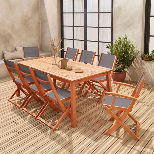 Table De Jardin Extensible Bois D'eucalyptus + 8 Assises. En Bois D'eucalyptus Huilé Et Textilène