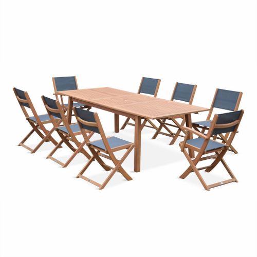 Table De Jardin Extensible Bois D'eucalyptus + 8 Assises. En Bois D'eucalyptus Huilé Et Textilène