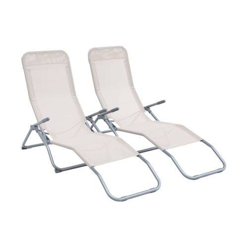 Lot De 2 Bains De Soleil Pliants - Levito Taupe - Transats Textilène 2 Positions. Chaises Longues