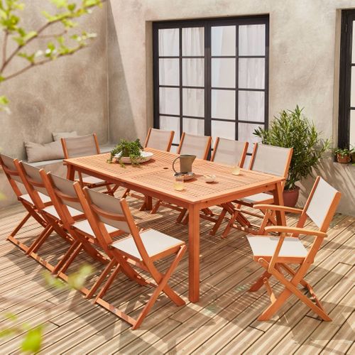 Salon De Jardin En Bois Extensible - Almeria - Table 200/250/300cm Avec 2 Rallonges. 2 Fauteuils Et