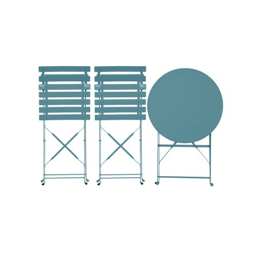 Table De Jardin Bistrot Pliante Métal + 2 Assises Bleu Canard Ø60 X 70cm. Acier Thermolaqué