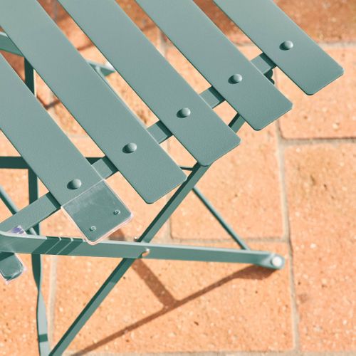 Table De Jardin Bistrot Pliante Métal + 2 Assises Bleu Canard Ø60 X 70cm. Acier Thermolaqué