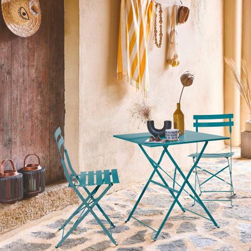 Table De Jardin Bistrot Pliante Métal + 2 Assises Bleu Canard 70 X 70cm. Acier Thermolaqué